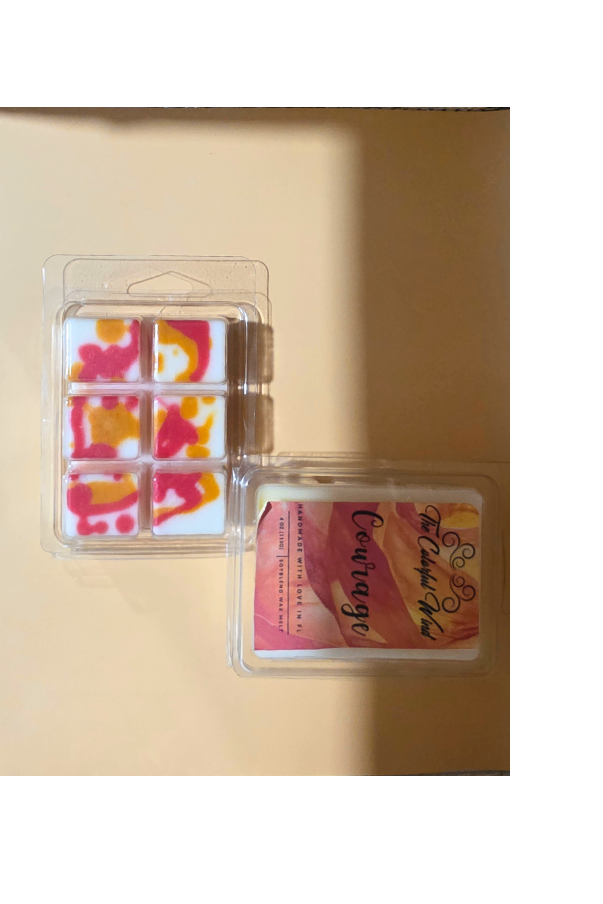 Packaged  tye-dye wax melts with shades of red, orange, and white.