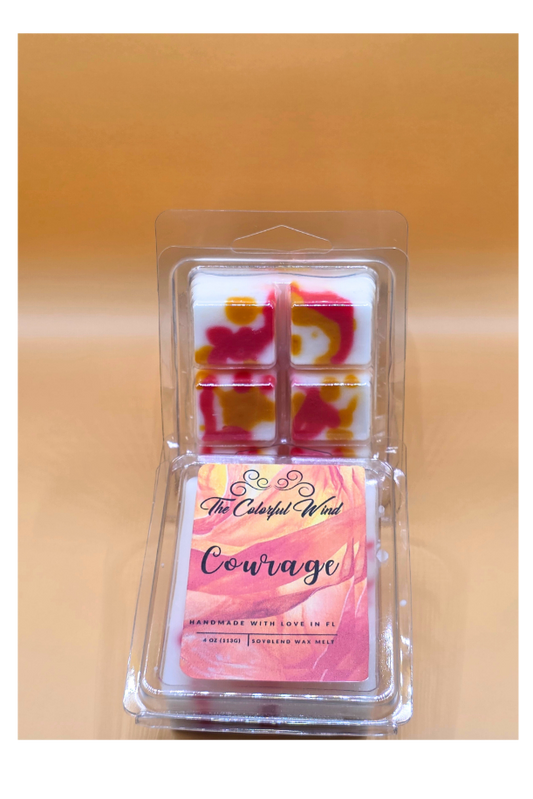 Packaged wax melts with an orange and red label on a wooden surface