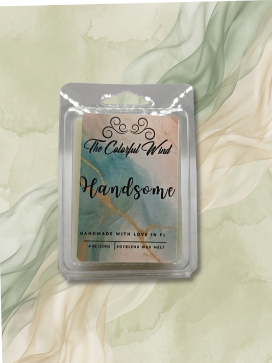 A wax melt package labeled 'The Colorful Wind Handsome' in a clear plastic clamshell, placed on a soft cream and pale green marbled background.
