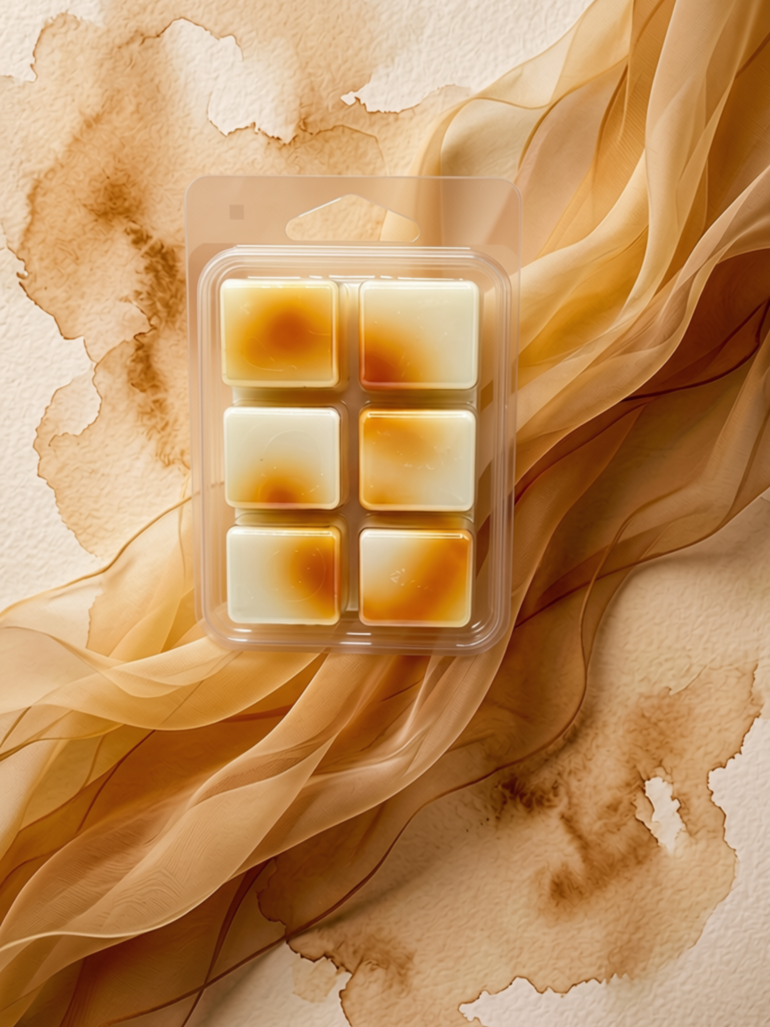 A clear pack containing six square cream-colored wax melts each with a warm golden-brown center, arranged on a beige background with flowing sheer tan fabric and watercolor-style stains.